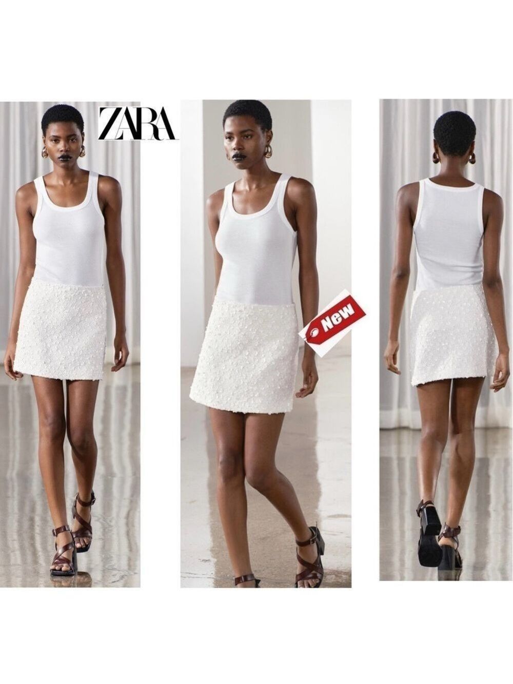 Zara ZW Collection white beaded sequin embroidered high waisted mini skirt L NWT